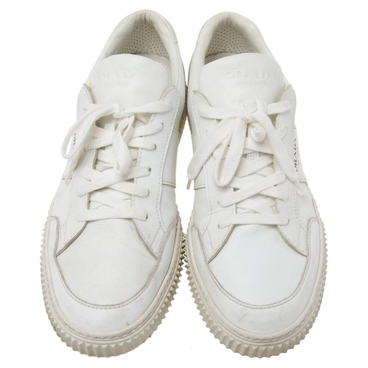 Pre Owned Prada White Leather Low-Top Sneakers Size 45.5