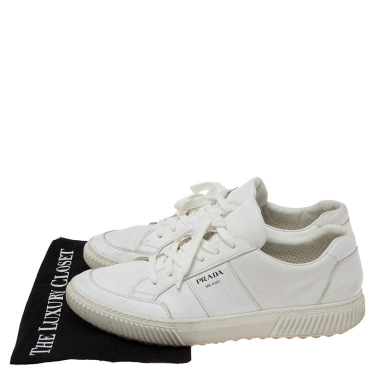 Pre Owned Prada White Leather Low-Top Sneakers Size 45.5