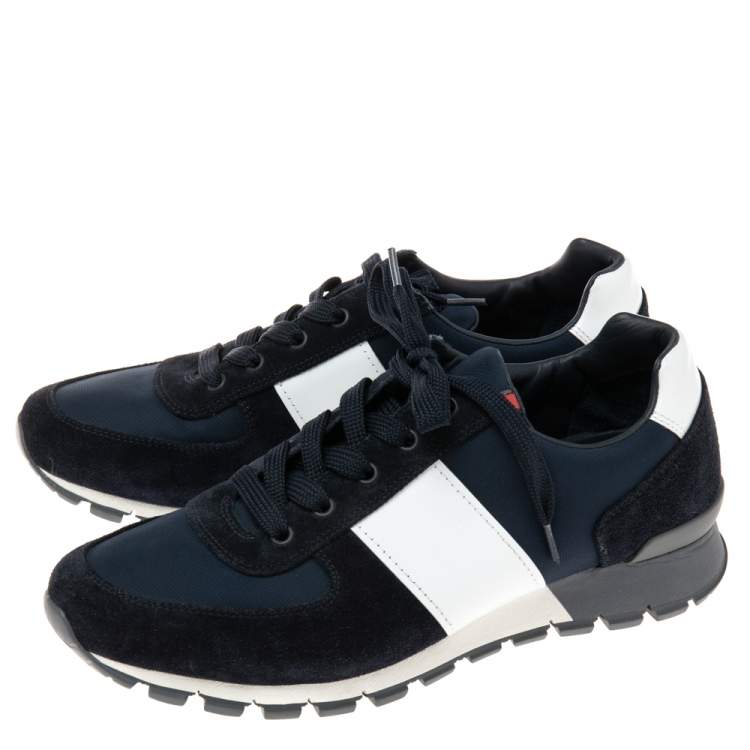 Pre Owned Prada Navy Blue Camouflage Canvas And Suede Sneakers Size 42.5