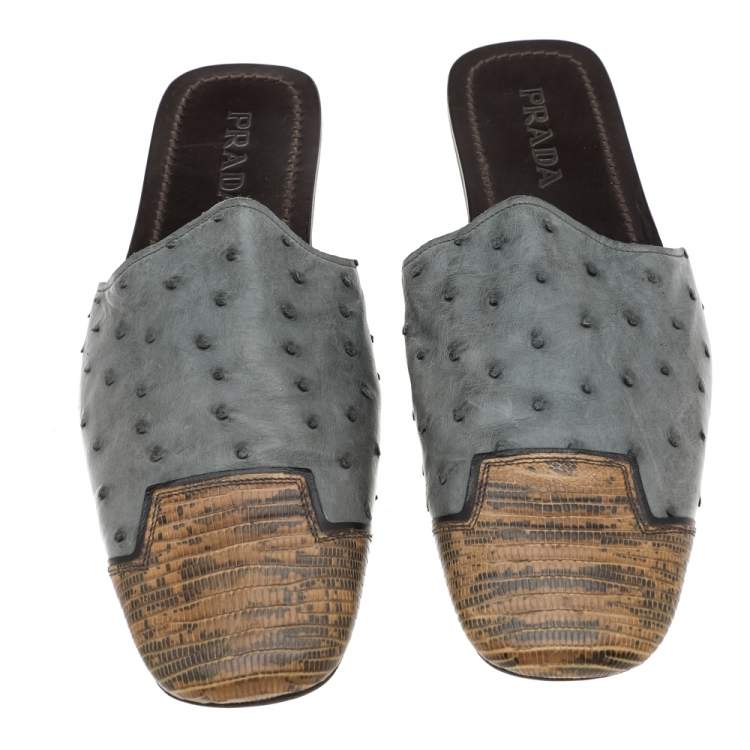 Pre Owned Prada Grey/Beige Ostrich Leather And Lizard Leather Flat Mules Size 43