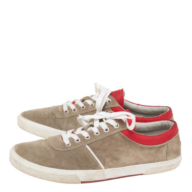 Pre Owned Prada Grey/Red Suede  Lace Up Sneakers Size 44
