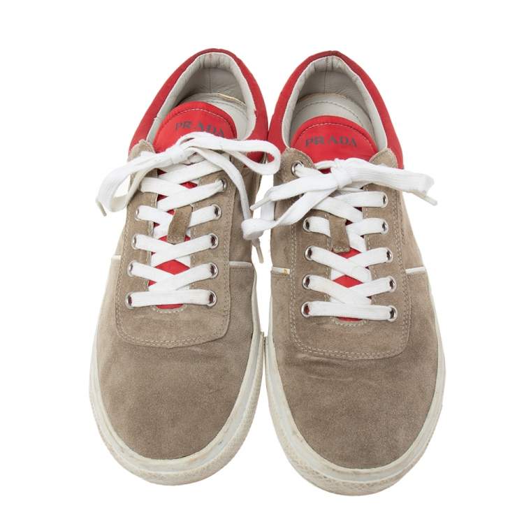 Pre Owned Prada Grey/Red Suede  Lace Up Sneakers Size 44