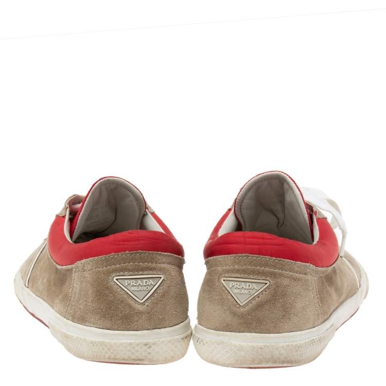 Pre Owned Prada Grey/Red Suede  Lace Up Sneakers Size 44