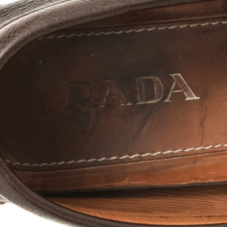 Pre Owned Prada Dark Brown Leather Penny Slip On Loafers Size 41