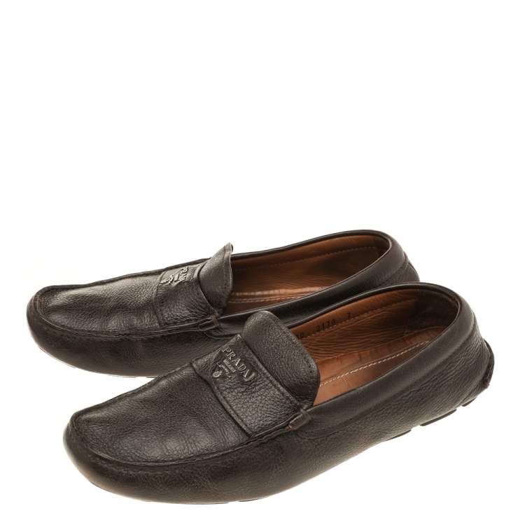 Pre Owned Prada Dark Brown Leather Penny Slip On Loafers Size 41