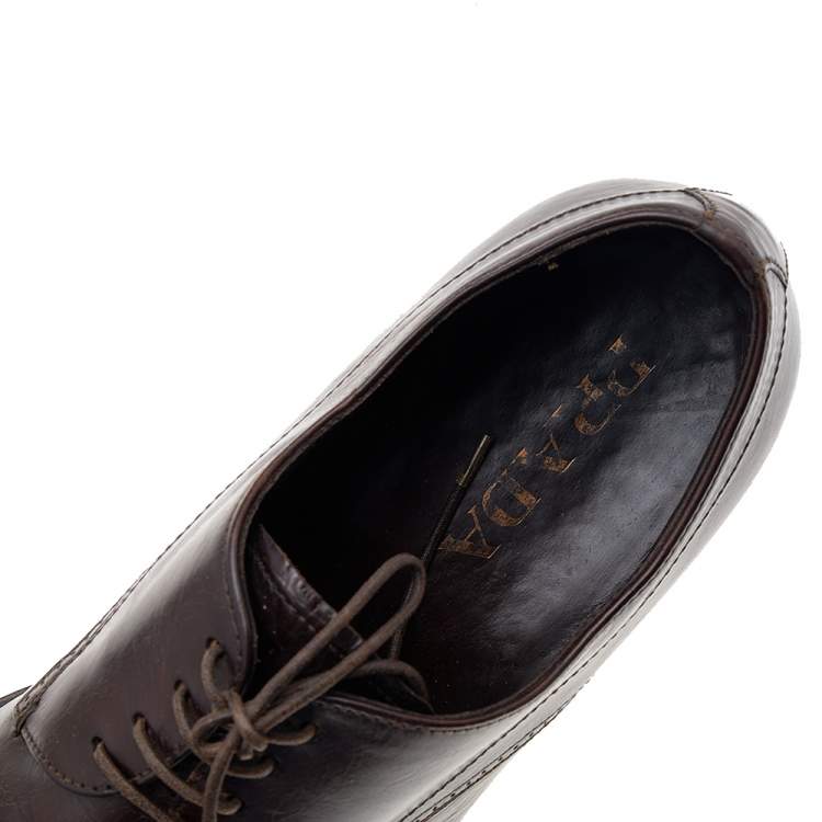 Pre Owned Prada Dark Brown Leather Lace Up Loafers Size 41.5