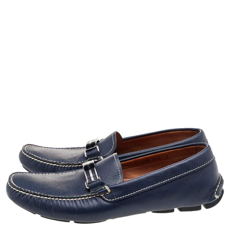 Pre Owned Prada Blue Saffiano Leather Slip On Loafers Size 41