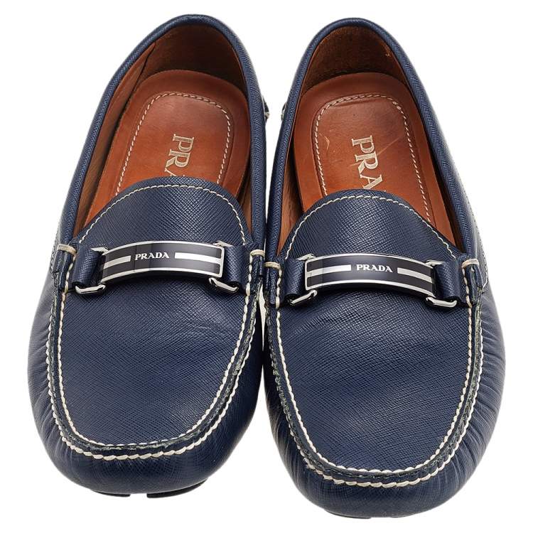 Pre Owned Prada Blue Saffiano Leather Slip On Loafers Size 41