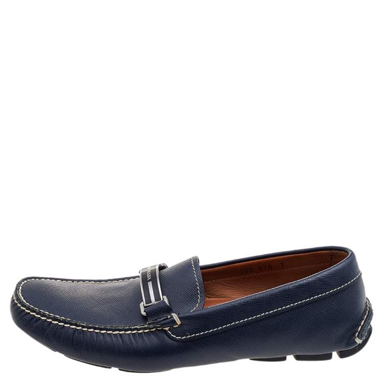 Pre Owned Prada Blue Saffiano Leather Slip On Loafers Size 41