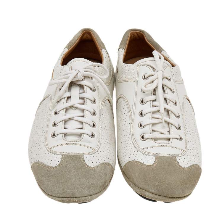 Pre Owned Prada White/Grey Leather And Suede Perforated Low Top Sneakers Size 44.5