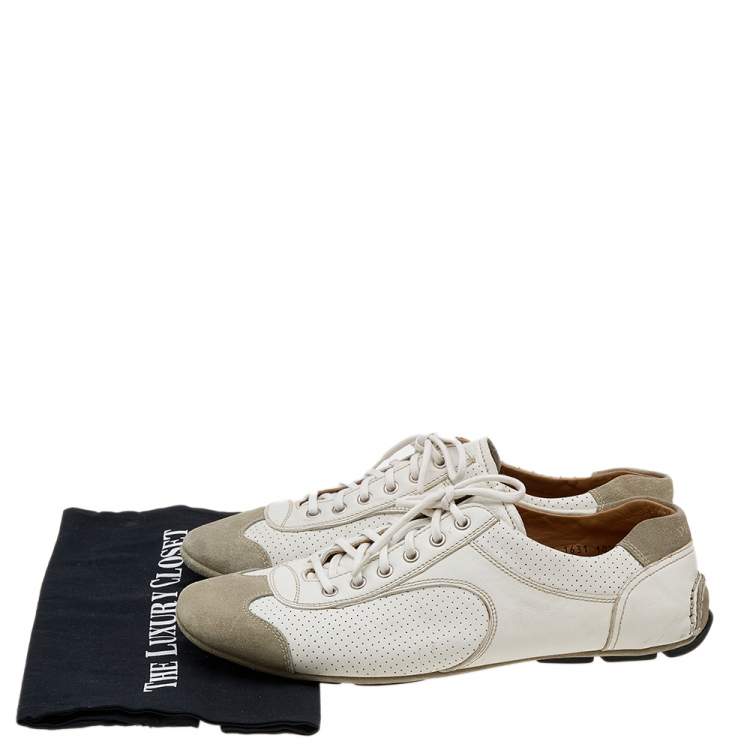 Pre Owned Prada White/Grey Leather And Suede Perforated Low Top Sneakers Size 44.5