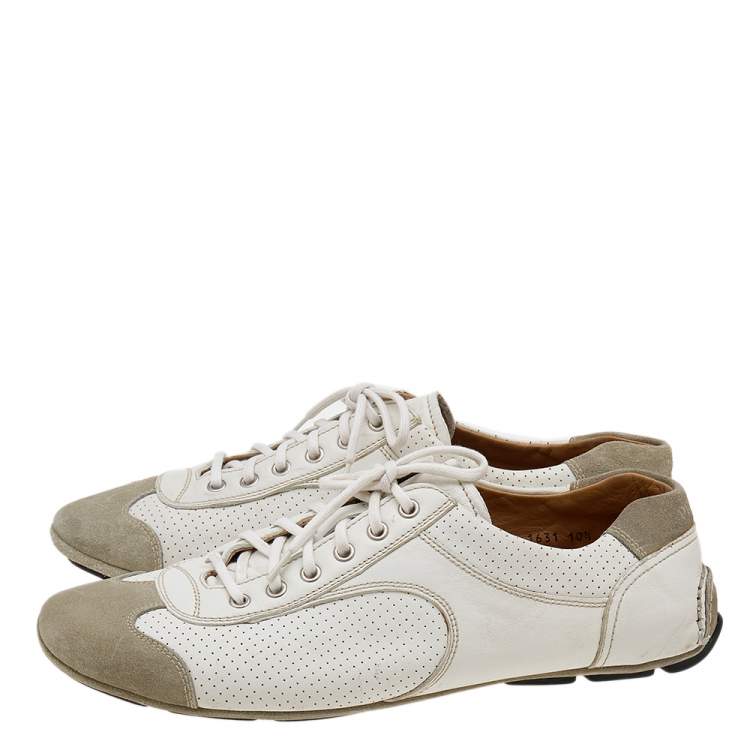 Pre Owned Prada White/Grey Leather And Suede Perforated Low Top Sneakers Size 44.5