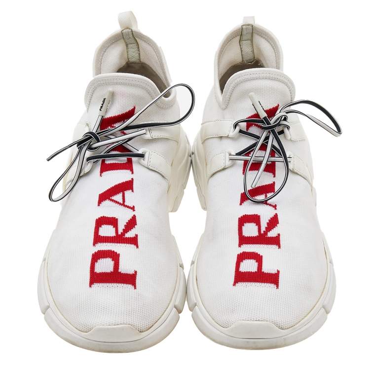 Pre Owned Prada White Knit Fabric Logo Low Top Sneakers Size 41