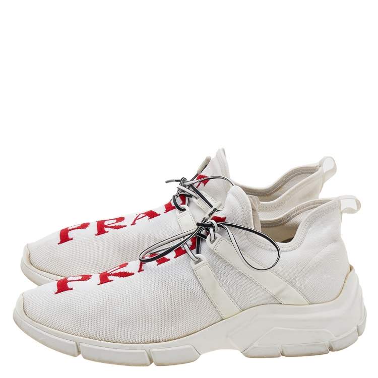 Pre Owned Prada White Knit Fabric Logo Low Top Sneakers Size 41