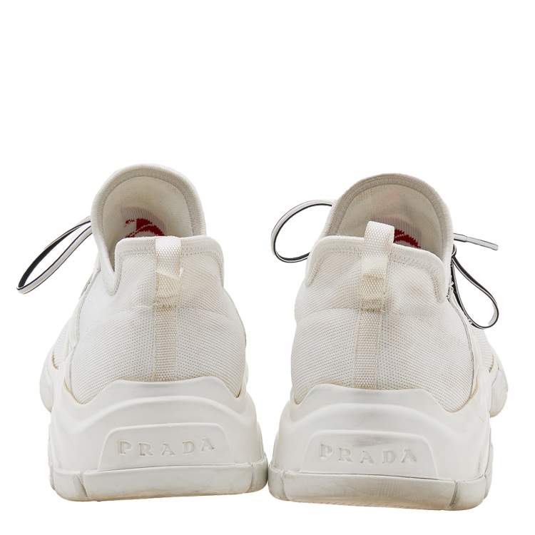 Pre Owned Prada White Knit Fabric Logo Low Top Sneakers Size 41