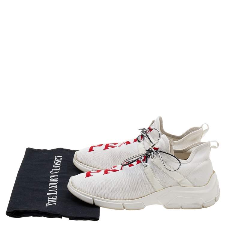 Pre Owned Prada White Knit Fabric Logo Low Top Sneakers Size 41
