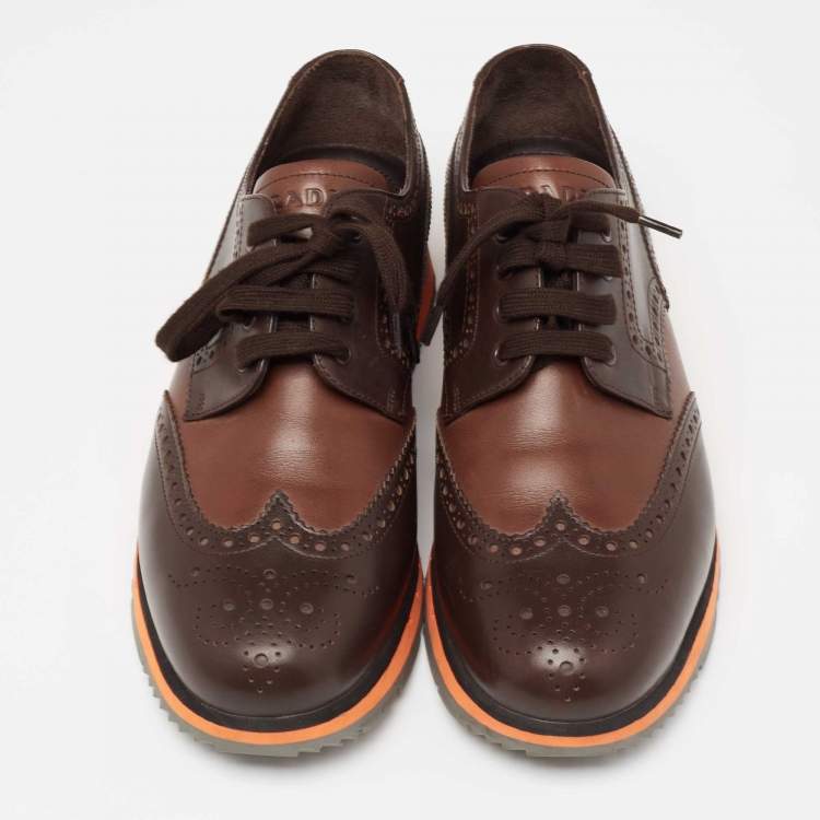 Pre Owned Prada Brown Brogue Leather Wingtip Lace Up Derby Size 43.5