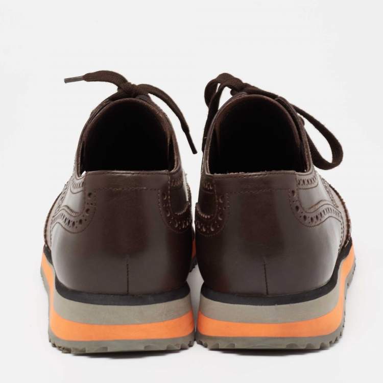 Pre Owned Prada Brown Brogue Leather Wingtip Lace Up Derby Size 43.5