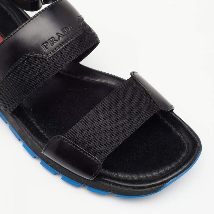 Pre Owned Prada Sport Black Leather And Fabric Flat Sandals Size 41.5