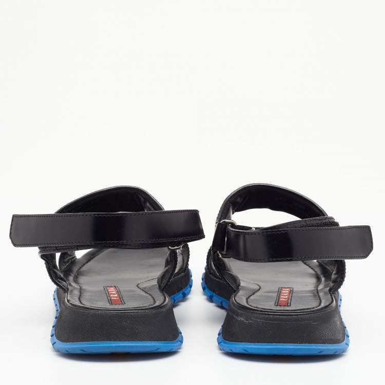 Pre Owned Prada Sport Black Leather And Fabric Flat Sandals Size 41.5