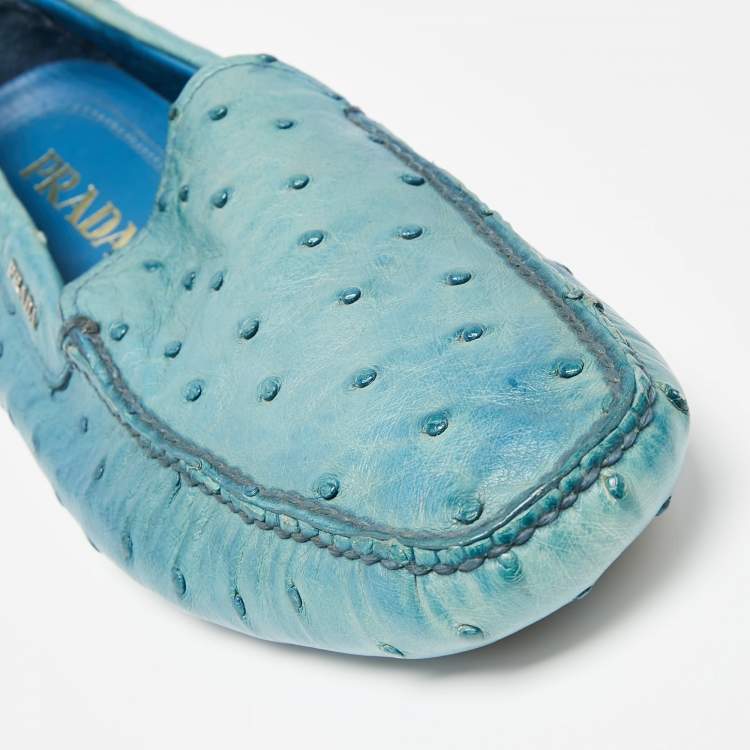 Pre Owned Prada Blue Ostrich Slip On Loafers Size 40