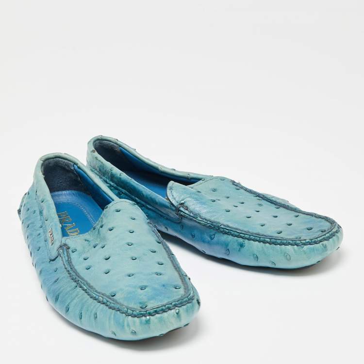 Pre Owned Prada Blue Ostrich Slip On Loafers Size 40