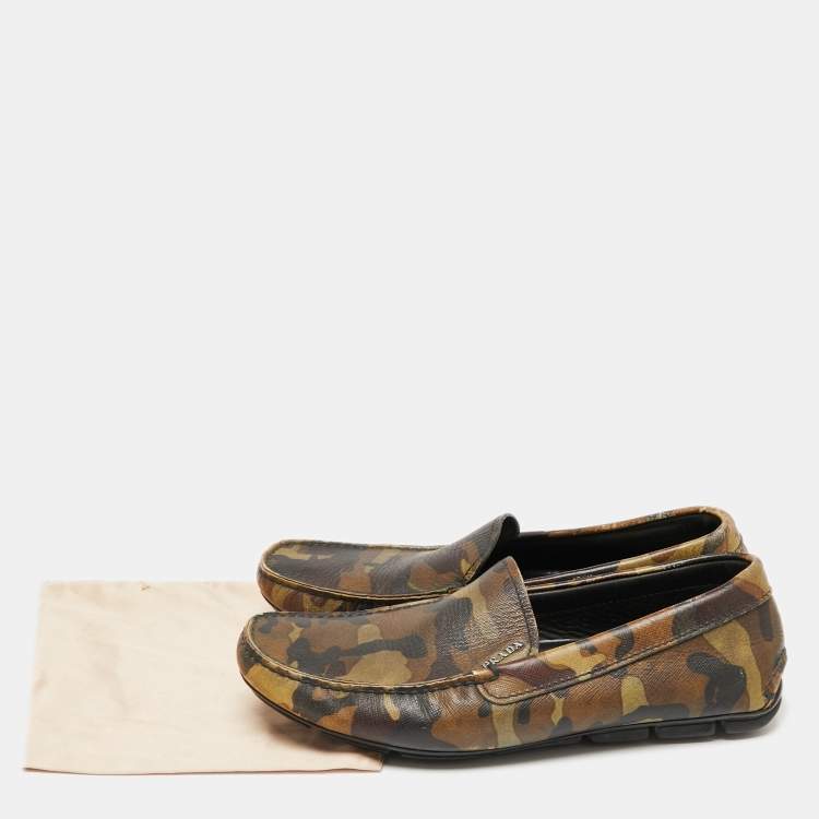Pre Owned Prada Green Camo Print Leather Slip On Loafers Size 39.5 