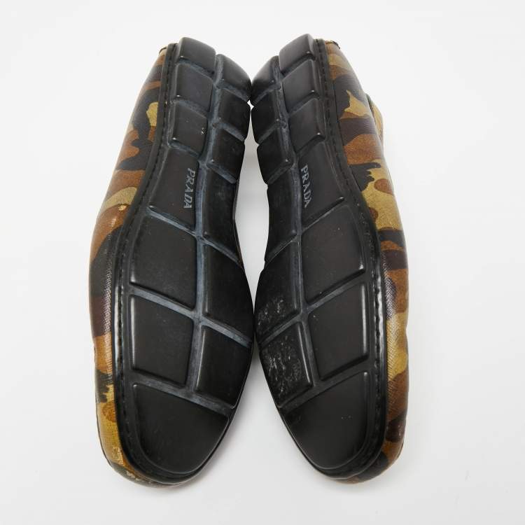 Pre Owned Prada Green Camo Print Leather Slip On Loafers Size 39.5 