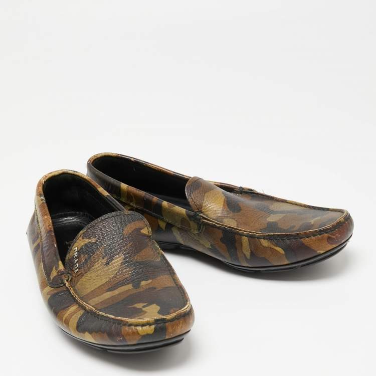 Pre Owned Prada Green Camo Print Leather Slip On Loafers Size 39.5 