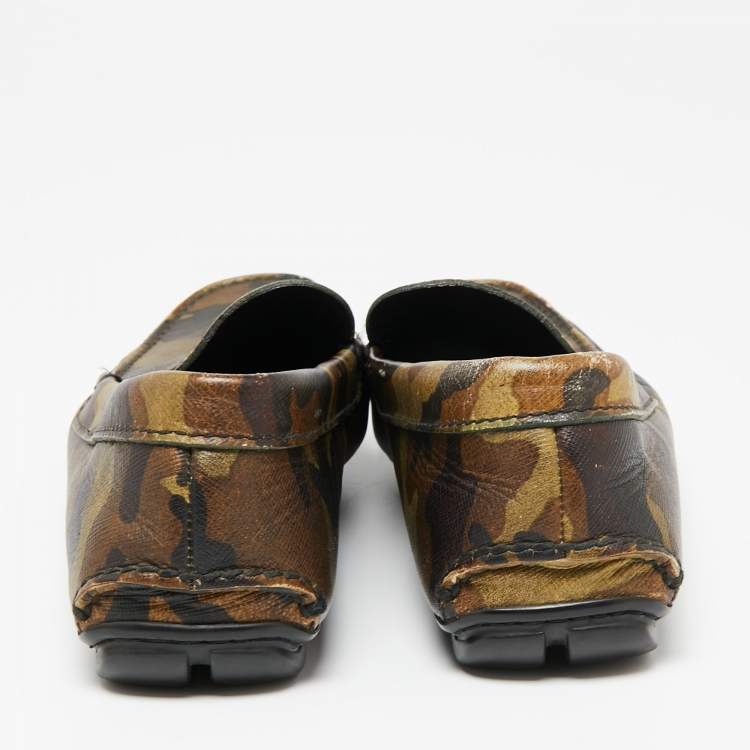 Pre Owned Prada Green Camo Print Leather Slip On Loafers Size 39.5 