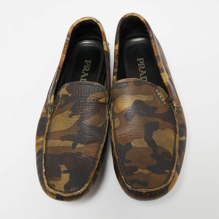 Pre Owned Prada Green Camo Print Leather Slip On Loafers Size 39.5 
