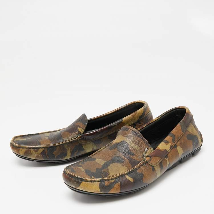 Pre Owned Prada Green Camo Print Leather Slip On Loafers Size 39.5 