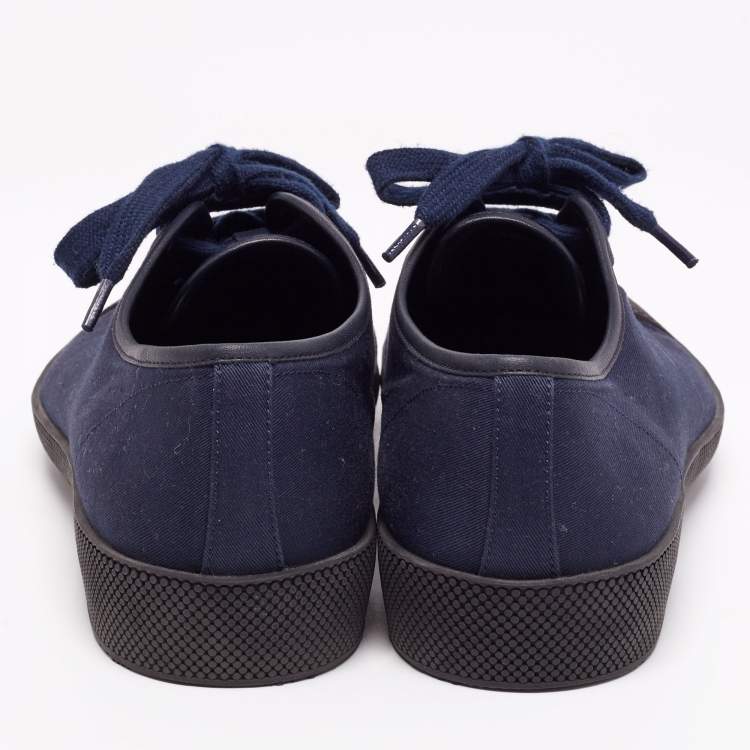 Pre Owned Prada Navy Blue/Black Canvas and Textured Rubber Cap-Toe Low-Top Sneakers Size 44 1/3