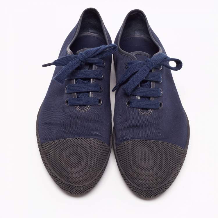 Pre Owned Prada Navy Blue/Black Canvas and Textured Rubber Cap-Toe Low-Top Sneakers Size 44 1/3
