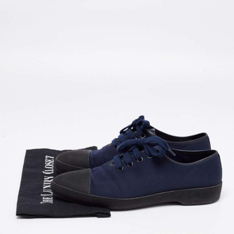 Pre Owned Prada Navy Blue/Black Canvas and Textured Rubber Cap-Toe Low-Top Sneakers Size 44 1/3