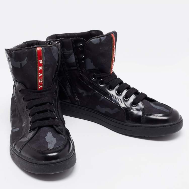 مملوكة مسبقًا Prada Tricolor Leather And Fabric Camouflage High Top Sneakers Size 41