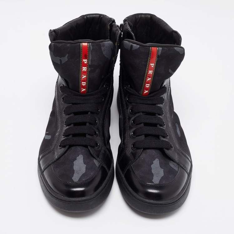 مملوكة مسبقًا Prada Tricolor Leather And Fabric Camouflage High Top Sneakers Size 41
