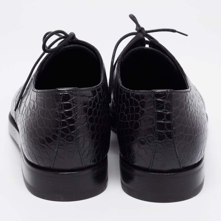 Pre Owned Prada Black Croc Embossed Leather Derby Size 40.5