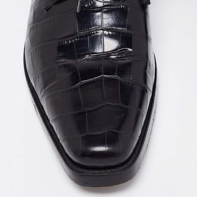 Pre Owned Prada Black Croc Embossed Leather Derby Size 40.5