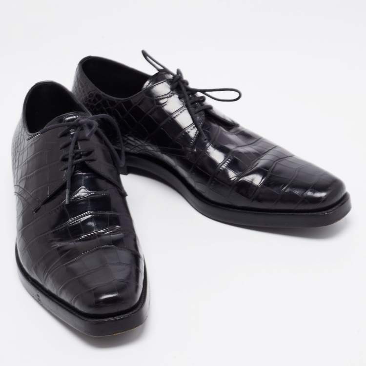 Pre Owned Prada Black Croc Embossed Leather Derby Size 40.5