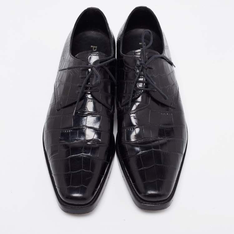 Pre Owned Prada Black Croc Embossed Leather Derby Size 40.5