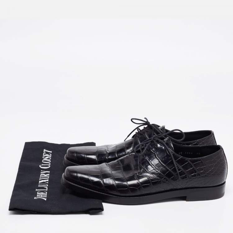 Pre Owned Prada Black Croc Embossed Leather Derby Size 40.5