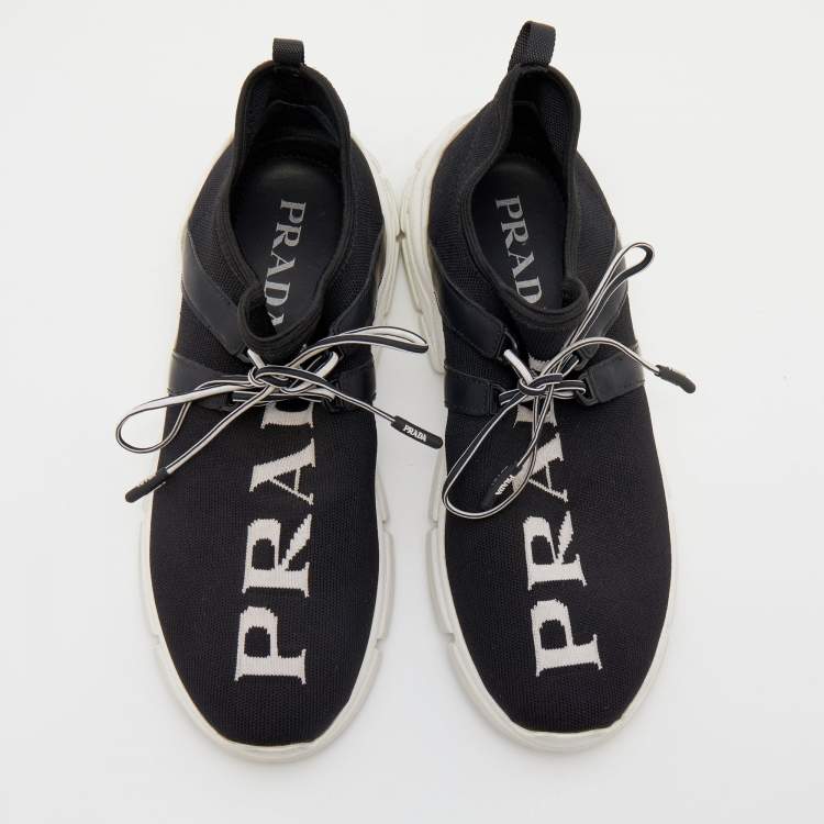 Pre Owned Prada Black/White XY Logo Knit Fabric Sock Sneakers Size 37