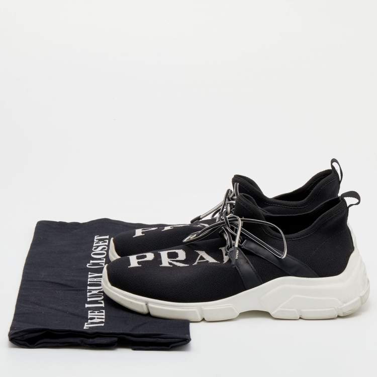 Pre Owned Prada Black/White XY Logo Knit Fabric Sock Sneakers Size 37