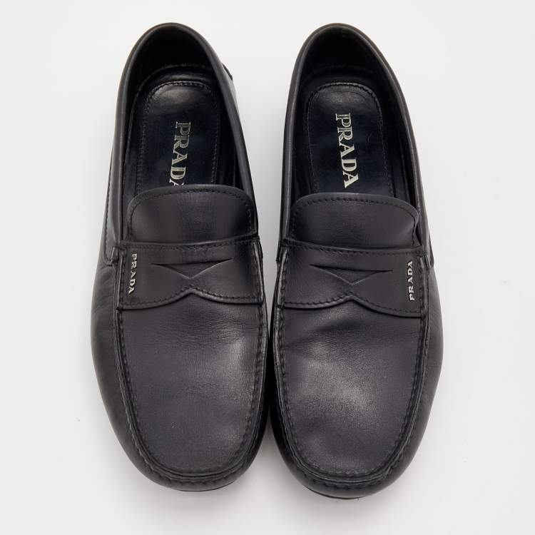 Pre Owned Prada Black Leather Slip On Loafers Size 43.5