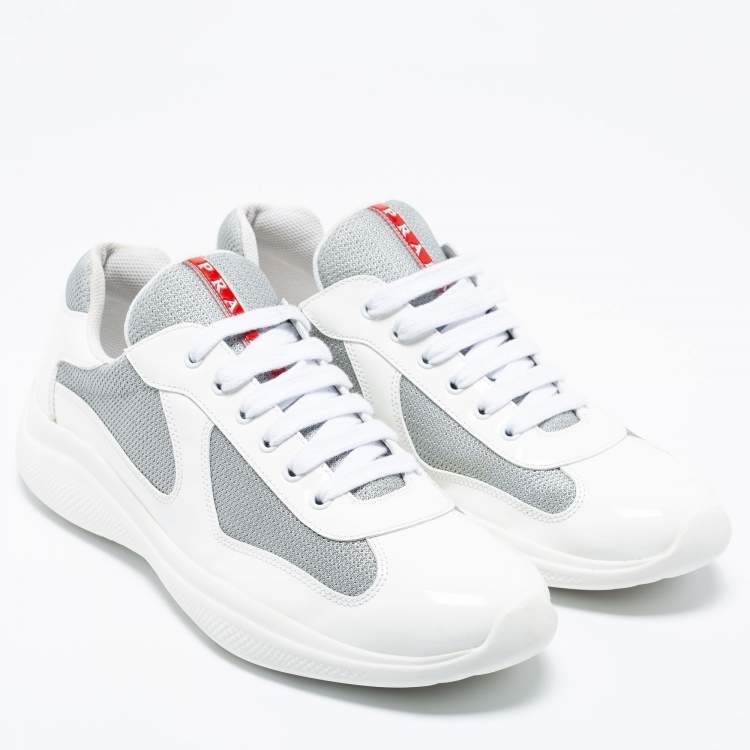 مملوكة مسبقًا Prada  White/Grey Patent And Fabric Low Top  Sneakers Size 44.5 