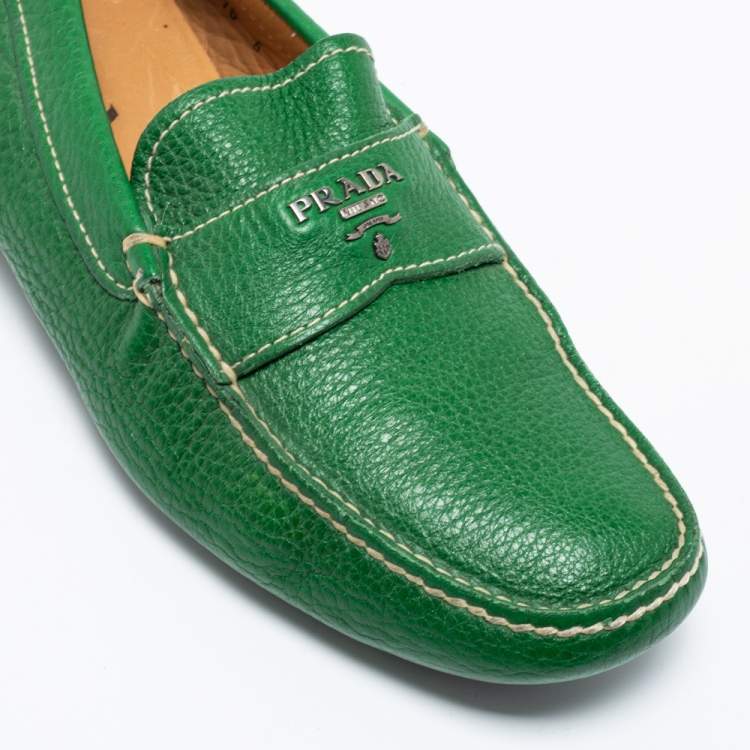 Pre Owned Prada Green Leather Slip On Loafers Size 40