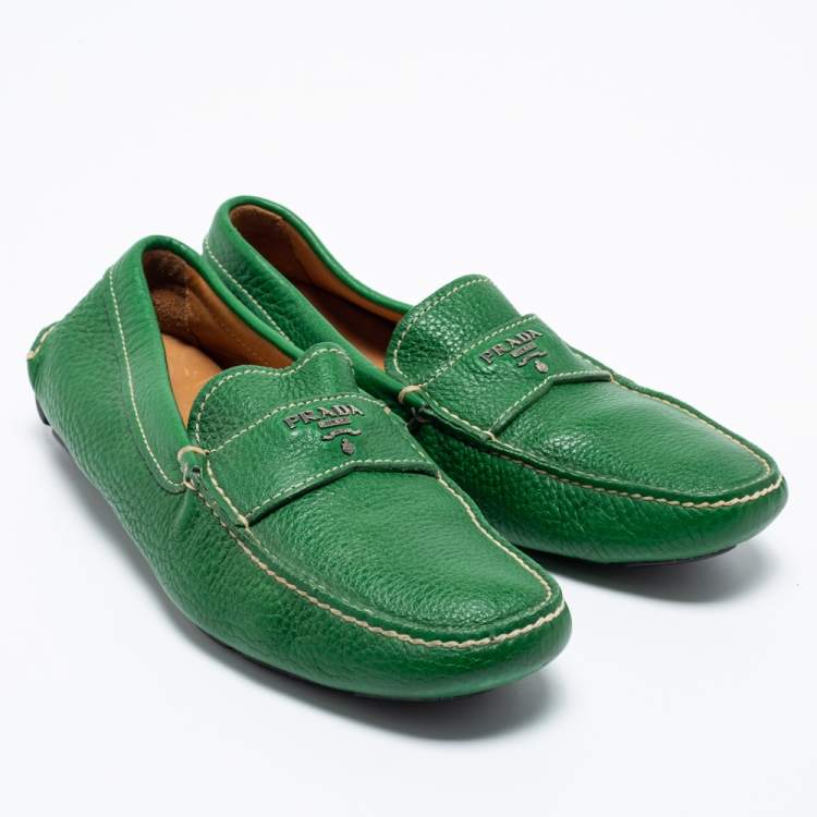 Pre Owned Prada Green Leather Slip On Loafers Size 40