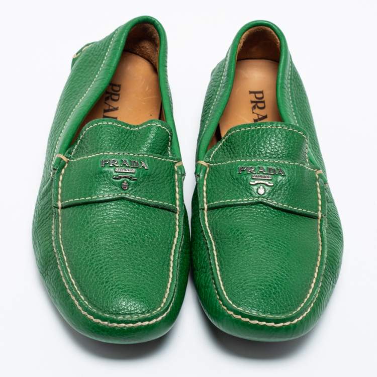 Pre Owned Prada Green Leather Slip On Loafers Size 40