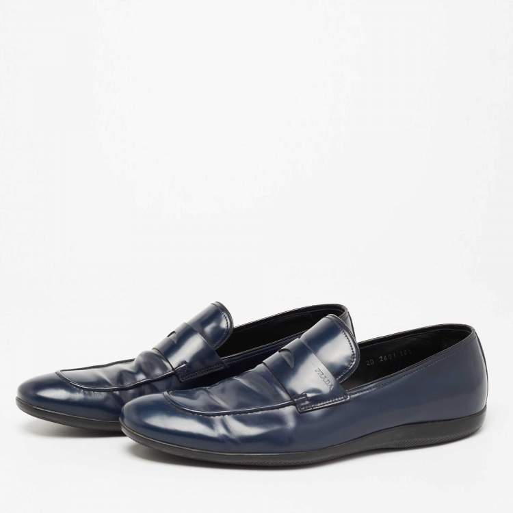 Pre Owned Prada Navy Blue Leather Penny Slip On Loafers Size 44.5